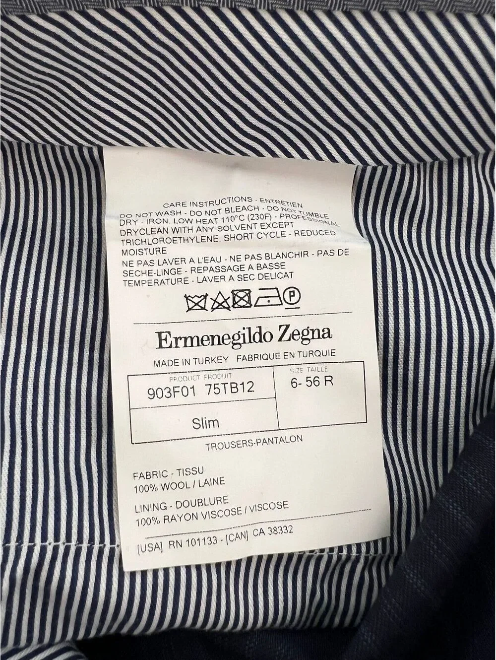 Ermenegildo Zegna Slim Fit Wool Trousers US 46R (EU Size 6-56 R)